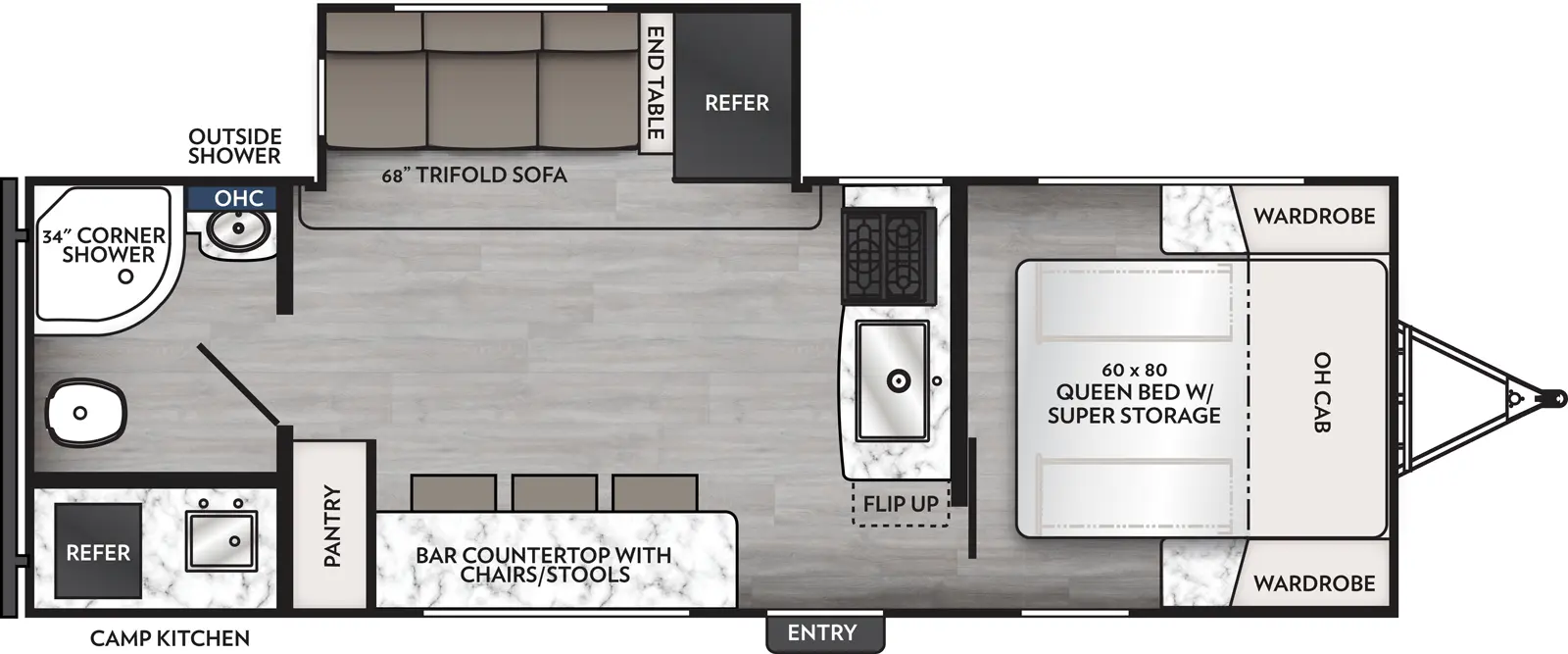 The Apex Ultra-Lite 242BARV floorplan has one entry and one slide out. Exterior features include: fiberglass exterior, 16' awning and outside kitchen. Interiors features include: front bedroom.